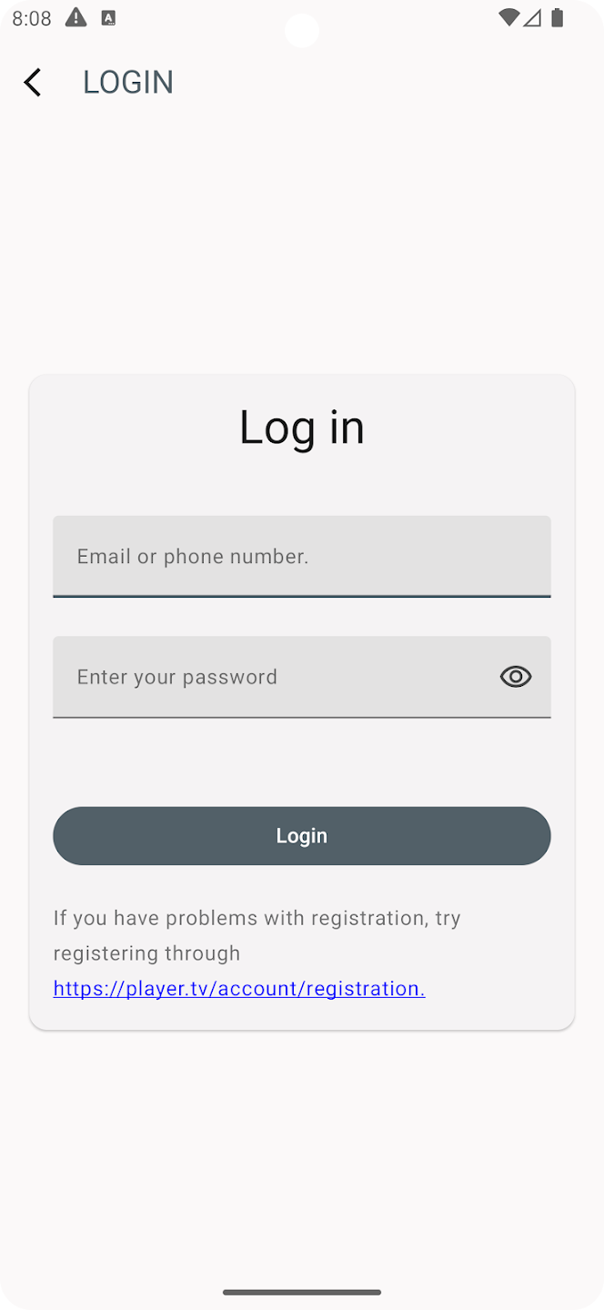 OTTPlayer login screen