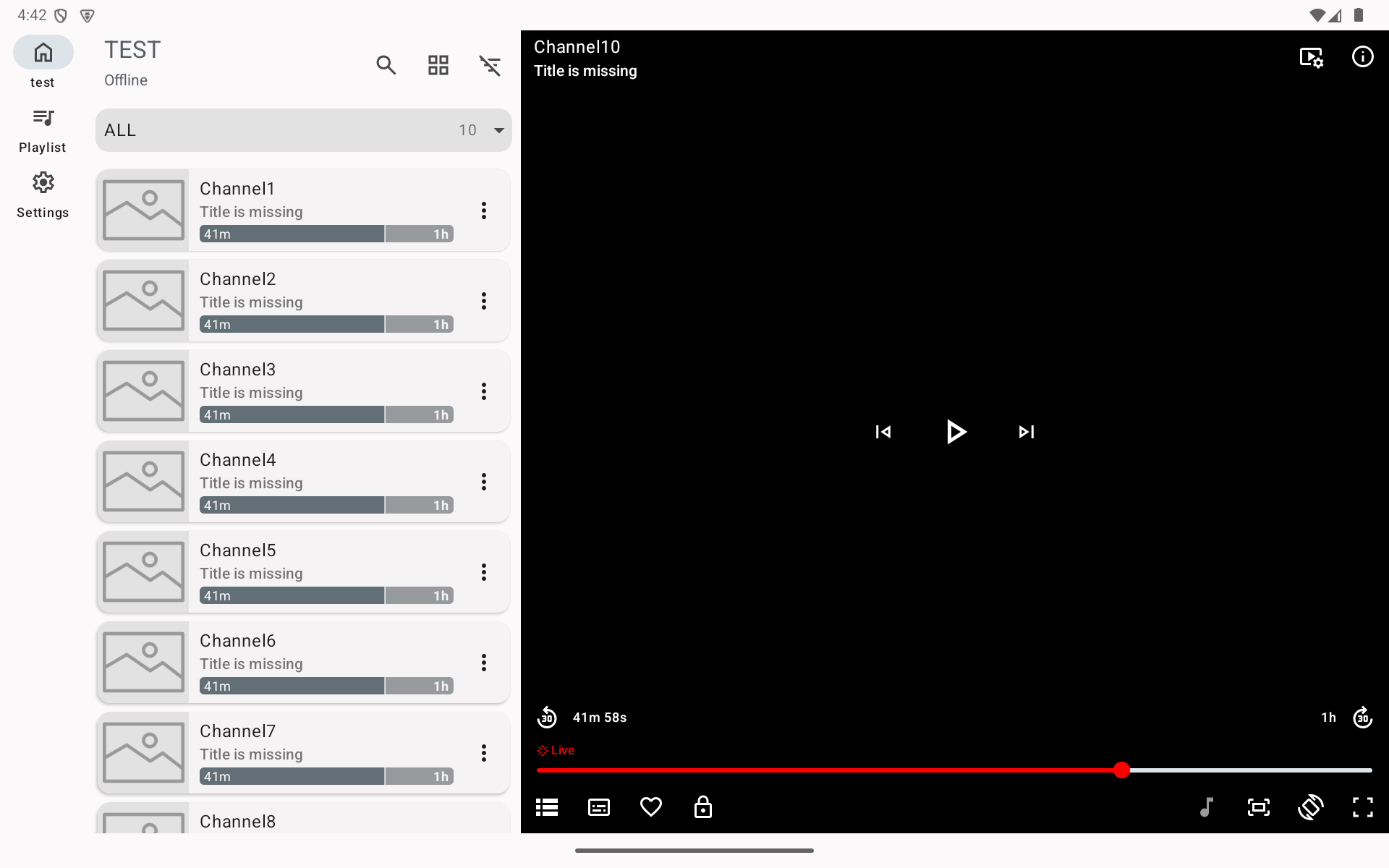 OTTPlayer channel list and video player on tablet
